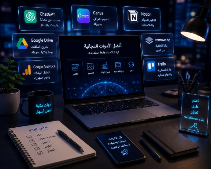 شاشة تعرض أدوات وتقنيات الذكاء الاصطناعي لتحسين الإنتاجية وتطوير المشاريع.